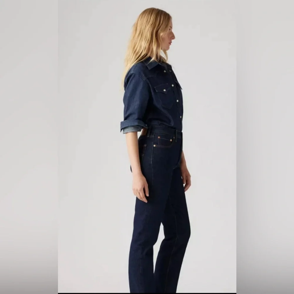 New Levi’s Original 501 dark wash waterless strait leg leather tag button front